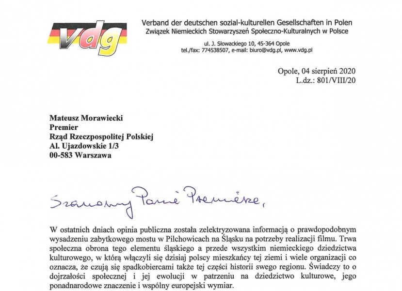 Offener Brief an Mateusz Morawiecki, den Ministerpräsidenten der Republik Polen als Aufruf zur Verteidigung und zum Erhalt der historischen Brücke in Pilchowice in Niederschlesien